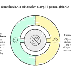 Diagram porównujący objawy przeziębienia (po lewej) i alergii (po prawej) w formie koła.
