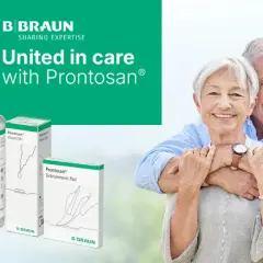 Produkty Prontosan: żel, płyn do irygacji, pad. Uśmiechnięta para seniorów.