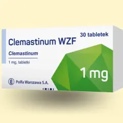 Opakowanie leku Clemastinum WZF 1 mg, 30 tabletek, z zielonym symbolem.