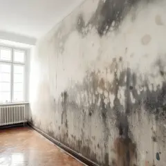 Ściana w mieszkaniu pokryta czarną i szarą pleśnią, obok okna i grzejnika.