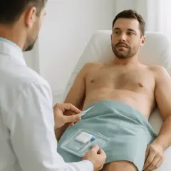 Lekarz wyjaśnia pacjentowi, co to wazektomia, pokazując mu narzędzia medyczne.