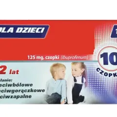 Opakowanie czopków dla dzieci 125 mg z wizerunkiem dwójki dzieci.