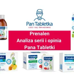 Zdjęcie przedstawia produkty Prenalen: syrop, spray do nosa oraz pastylki, przeznaczone dla kobiet w ciąży i karmiących.