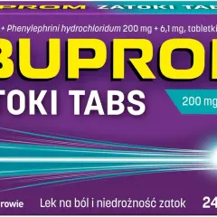 Opakowanie leku Ibuprom Zatoki Tabs z tabletką.