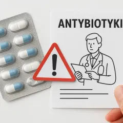 Opakowanie tabletek, znak ostrzegawczy z wykrzyknikiem i rysunek lekarza na kartce z napisem "ANTYBIOTYKI".