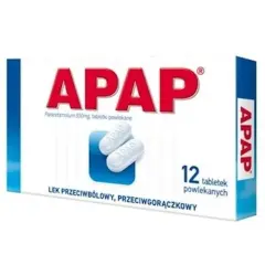 Opakowanie leku APAP z paracetamolem. Przed użyciem zapoznaj się z ulotką, by poznać potencjalne apap skutki uboczne.