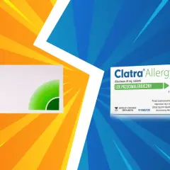 Dwa opakowania leku Clatra i Clatra Allergy na tle kolorowych pasów.