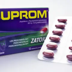 Opakowanie leku Ibuprom Zatoki i blister z tabletkami.