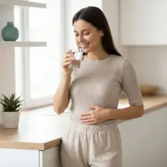 Kobieta pije wodę z szklanki, trzymając się za brzuch.