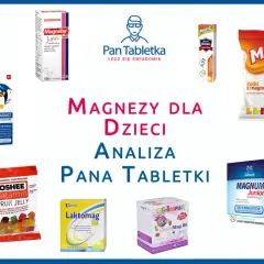 Kolaż opakowań suplementów magnezu dla dzieci: Magnefar Junior, Hartuś Magnez, Magmisie, OSHEE Fruit Jelly, Laktomag B6, Chela-Mag B6 Junior, Magnum Junior.
