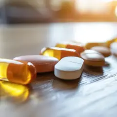 Rząd kapsułek i tabletek, w tym Ibuprom i paracetamol, leży na drewnianym blacie.