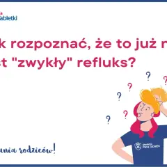 Zastanawiasz się, czy to refluks u niemowlaka? Ilustracja pokazuje rodzica z dzieckiem na ramionach, otoczonego znakami zapytania, sugerującymi wątpliwości.