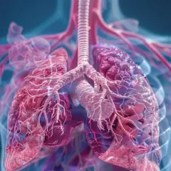 Ilustracja 3D płuc z widocznymi oskrzelami i naczyniami krwionośnymi.