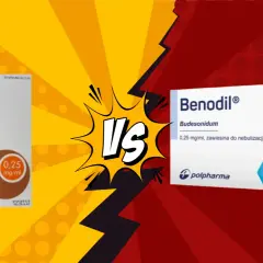 Dwa opakowania leków do nebulizacji: Nebbud i Benodil, z napisem "VS" pośrodku.