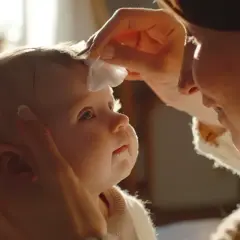 Delikatne przemywanie oczu noworodka. Mama z miłością troszczy się o swoje maleństwo, tworząc ciepłą, rodzinną chwilę.