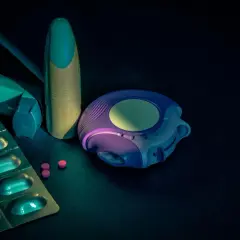 Inhalatory, blister z tabletkami i kilka tabletek na ciemnym tle.