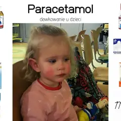 Mała dziewczynka z zaczerwienionymi policzkami obok opakowań leków, w tym paracetamol dla dzieci.
