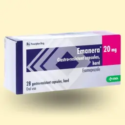 Opakowanie leku Emanera 20 mg, zawierające 28 kapsułek gastroopornochłonnych.