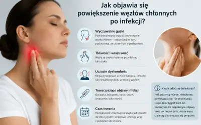 Kobieta dotyka szyi, gdzie widoczne jest zaczerwienienie, wskazujące na powiększone węzły chłonne. Obraz przedstawia objawy infekcji.