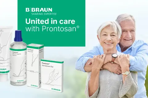 Produkty Prontosan: żel, płyn do irygacji, pad. Uśmiechnięta para seniorów.