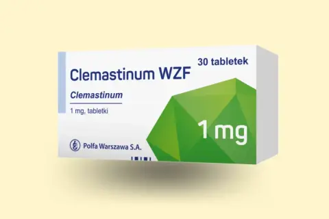 Opakowanie leku Clemastinum WZF 1 mg, 30 tabletek, z zielonym symbolem.