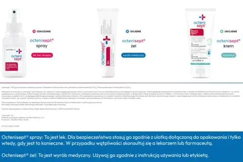 Octenisept spray i żel do odkażania ran. Spray jest lekiem, a żel wyrobem medycznym.