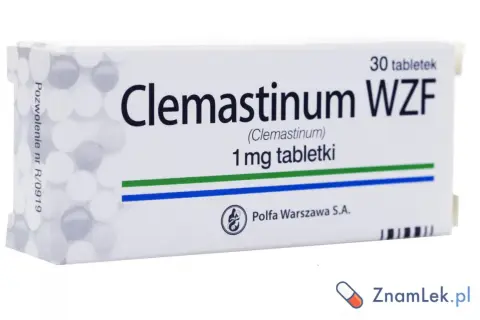 Opakowanie leku Clemastinum WZF 1 mg tabletki, stosowanego na alergie. 30 tabletek.