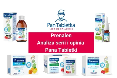 Zdjęcie przedstawia produkty Prenalen: syrop, spray do nosa oraz pastylki, przeznaczone dla kobiet w ciąży i karmiących.