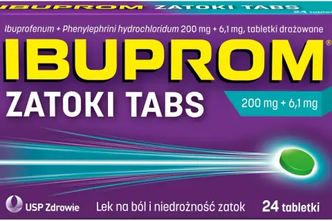 Opakowanie leku Ibuprom Zatoki Tabs z tabletką.