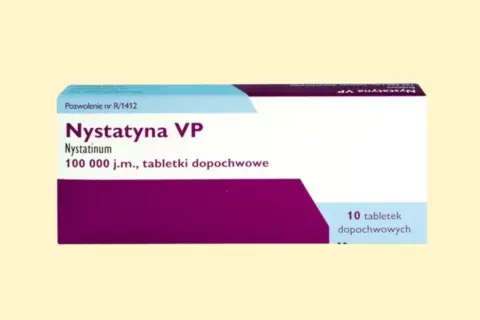 Opakowanie leku Nystatyna VP, zawierające 10 tabletek dopochwowych.