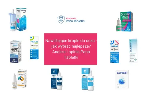 Krople do oczu, w tym hialeye duo, Systane, Thealoz duo, Bepanthen Eye, Dexoftal, Hylo Gel, Hylo Comod i Lacrimal, porównane w artykule "Nawilżające krople do oczu - jak wybrać najlepsze?".