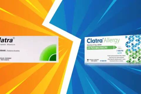 Dwa opakowania leku Clatra i Clatra Allergy na tle kolorowych pasów.