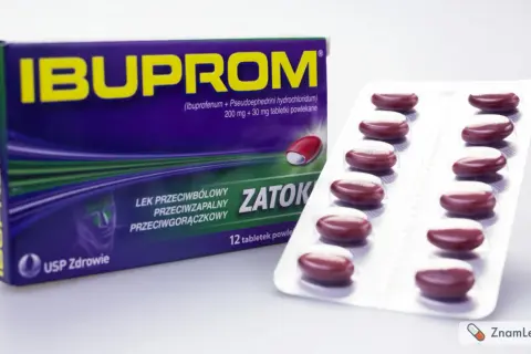 Opakowanie leku Ibuprom Zatoki i blister z tabletkami.