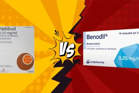 Dwa opakowania leków do nebulizacji: Nebbud i Benodil, z napisem "VS" pośrodku.