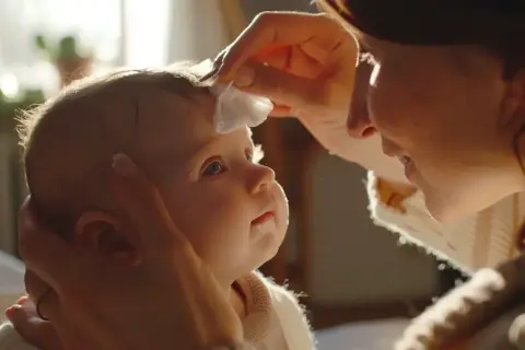 Delikatne przemywanie oczu noworodka. Mama z miłością troszczy się o swoje maleństwo, tworząc ciepłą, rodzinną chwilę.