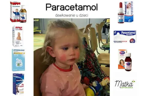 Mała dziewczynka z zaczerwienionymi policzkami obok opakowań leków, w tym paracetamol dla dzieci.