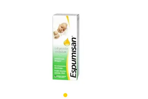 Opakowanie leku Espumisan dla niemowląt, łagodzącego wzdęcia. Krople doustne w emulsji 30ml.