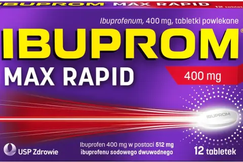 Opakowanie Ibuprom Max Rapid 400 mg. Czy Ibuprom i ibuprofen to to samo? Tak, Ibuprom zawiera ibuprofen.