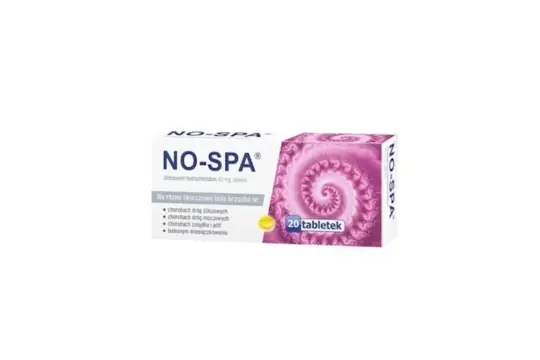 Opakowanie leku NO-SPA z 20 tabletkami na skurczowe bóle brzucha, np. przy bolesnym miesiączkowaniu.
