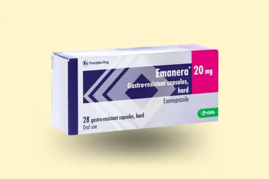 Opakowanie leku Emanera 20 mg, zawierające 28 kapsułek gastroopornochłonnych.