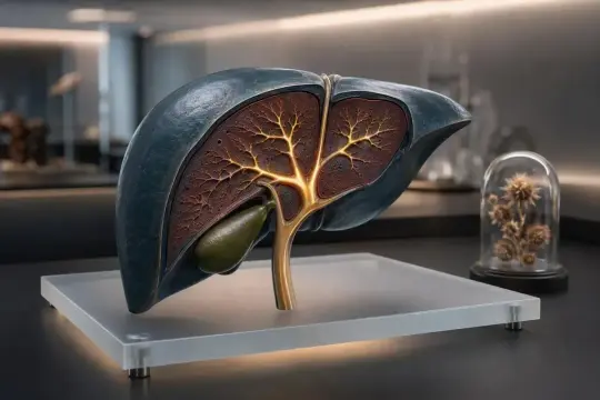 Model wątroby z widocznym pęcherzykiem żółciowym i naczyniami. Wnętrze organu rozświetlone, sugerujące procesy metaboliczne, jak przetwarzanie bilirubiny.