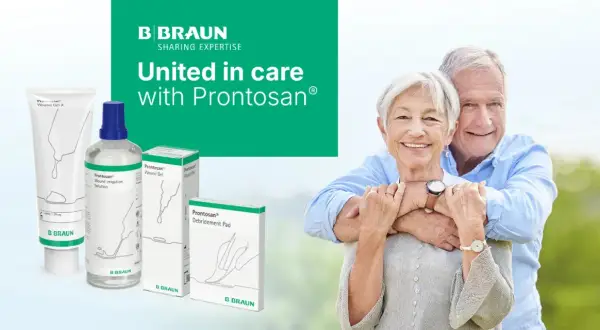 Produkty Prontosan: żel, płyn do irygacji, pad. Uśmiechnięta para seniorów.