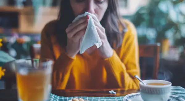 Kobieta w żółtym swetrze dmucha nos w chusteczkę, obok kubek z herbatą i tabletki.