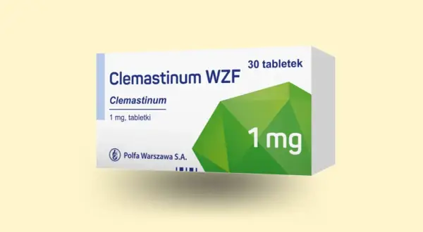 Opakowanie leku Clemastinum WZF 1 mg, 30 tabletek, z zielonym symbolem.