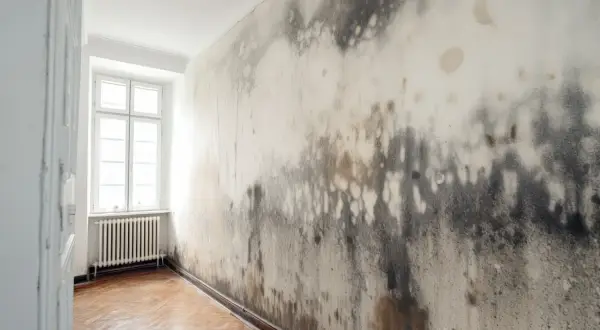 Ściana w mieszkaniu pokryta czarną i szarą pleśnią, obok okna i grzejnika.
