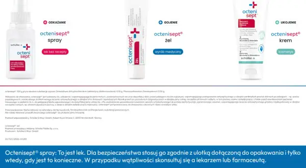 Octenisept spray i żel do odkażania ran. Spray jest lekiem, a żel wyrobem medycznym.
