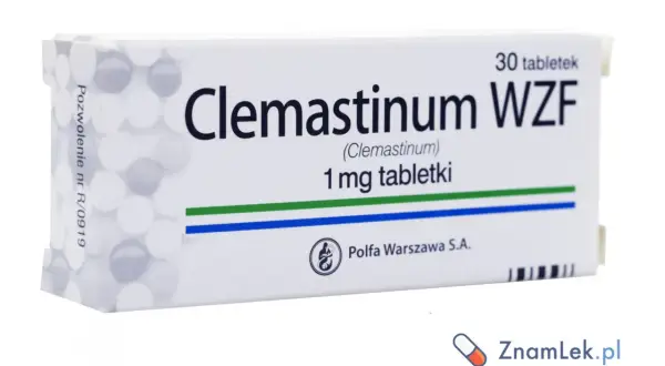 Opakowanie leku Clemastinum WZF 1 mg tabletki, stosowanego na alergie. 30 tabletek.