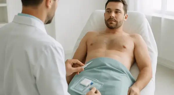 Lekarz wyjaśnia pacjentowi, co to wazektomia, pokazując mu narzędzia medyczne.