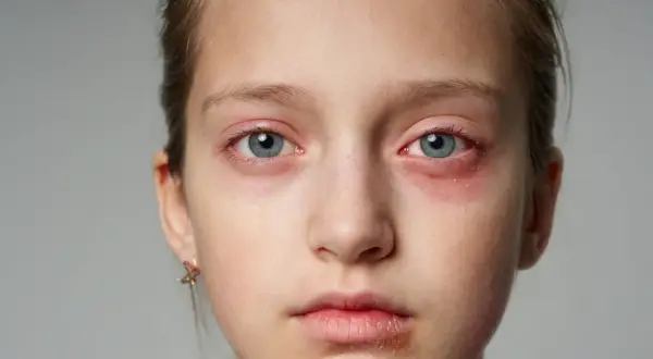 Czerwona, swędząca wysypka na twarzy dziecka, szczególnie wokół oczu i ust, sugeruje reakcję alergiczną lub podrażnienie.