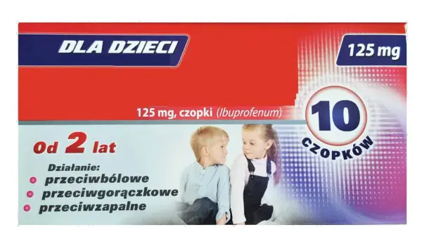 Opakowanie czopków dla dzieci 125 mg z wizerunkiem dwójki dzieci.